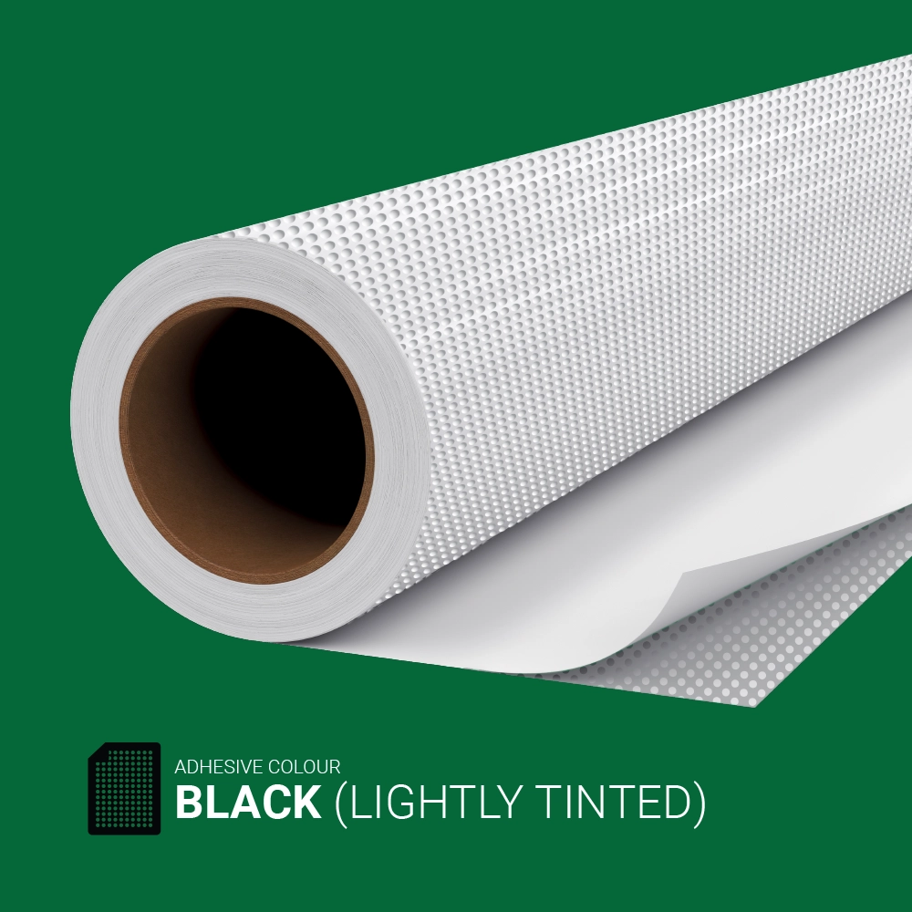 Roll of perforated white one-way self adhesive vinyl with black reverse, ideal for window advertising and vehicle graphics