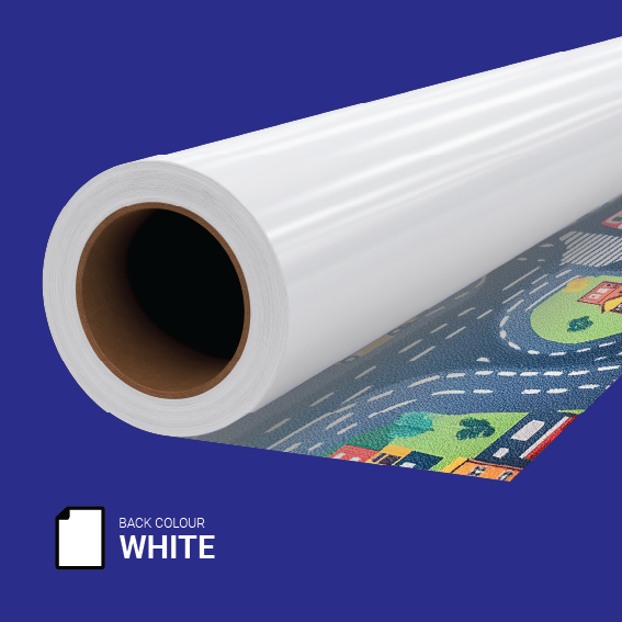 Roll of white 2mm anti-slip lino flooring with printed design visible beneath, ideal for internal floor graphics