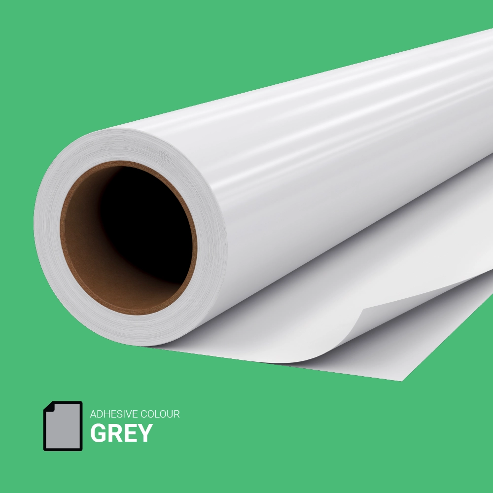 Roll of grey-backed self adhesive vinyl on green background, designed for opaque indoor and outdoor signage