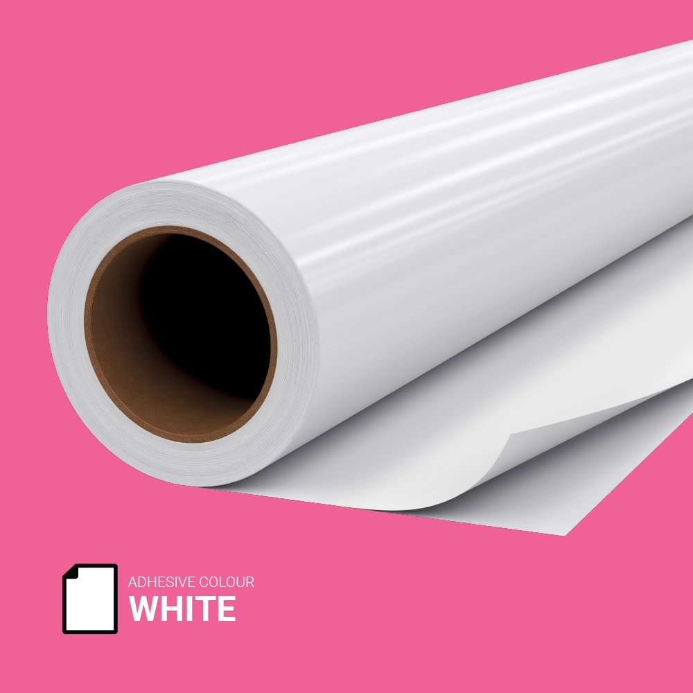 Roll of white self adhesive vinyl with matte surface on pink background, suitable for internal and external display graphics