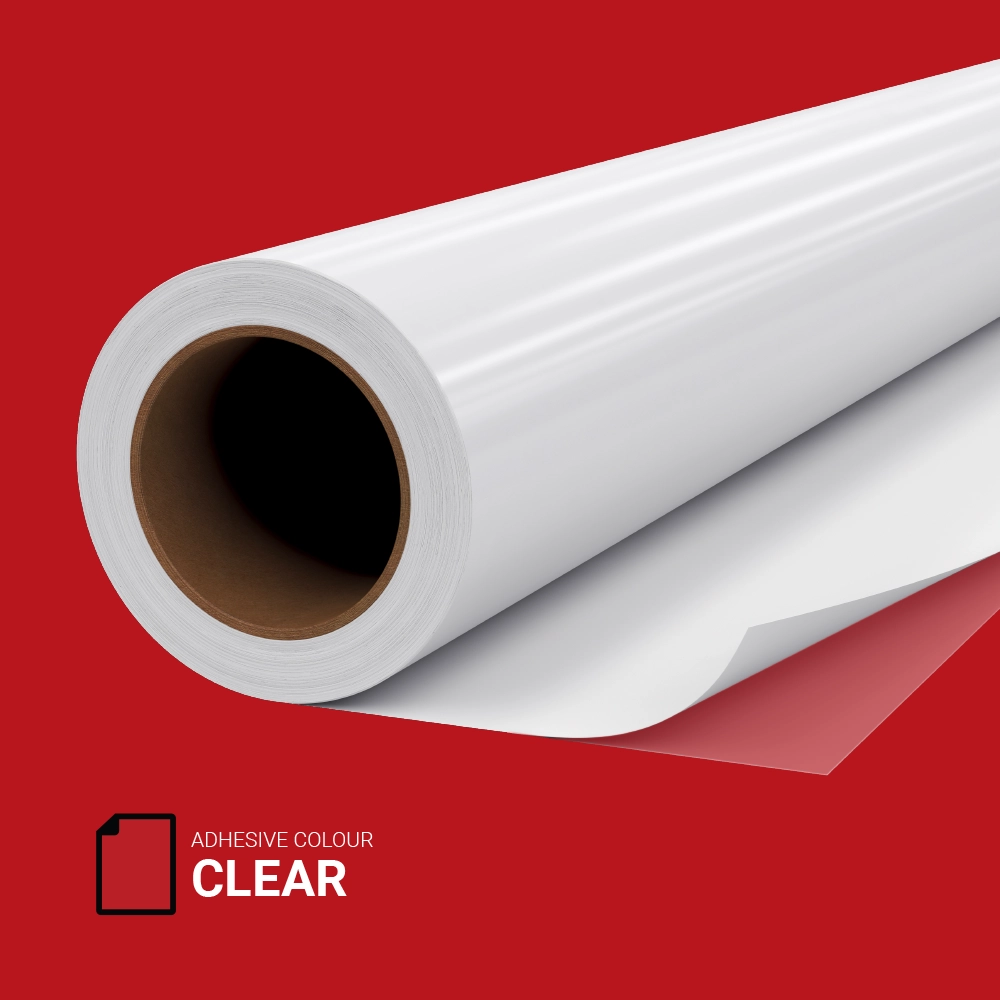 Roll of optically clear self adhesive vinyl on red background, ideal for transparent window graphics and displays