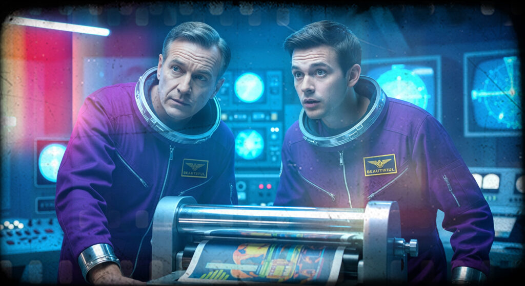 Two retro-futuristic production apprentices in astronaut uniforms operating a large format printer at Beautiful LFP studio.