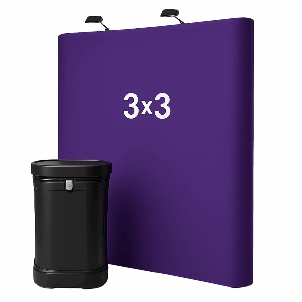 3x3 straight magnetic pop up exhibition stand with black transit case and lights