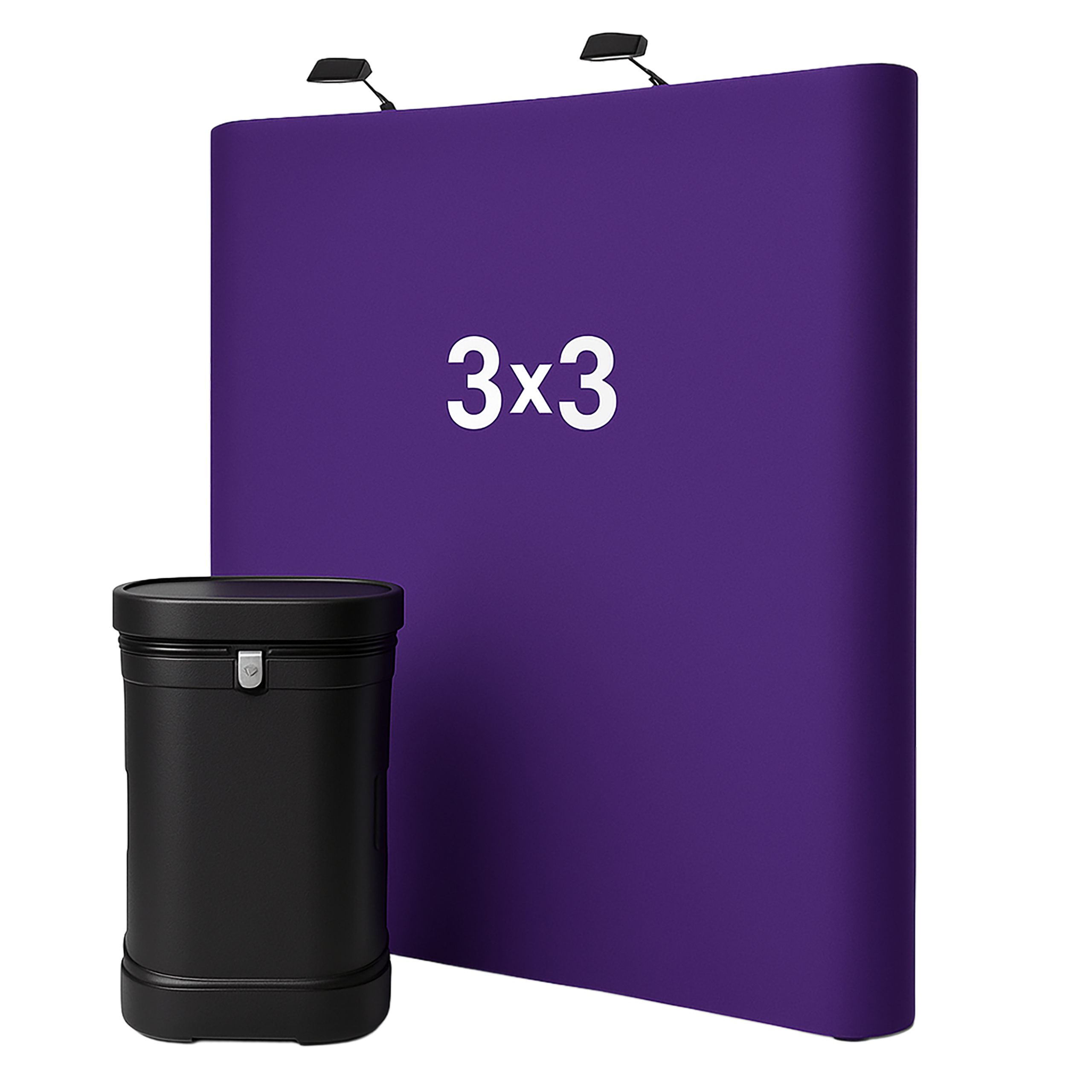 3x3 straight magnetic pop up exhibition stand with black transit case and lights