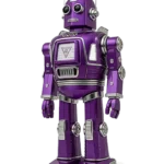Purple retro-futuristic robot symbolising Beautiful Large Format Print’s vision for innovation and craftsmanship in creative print.