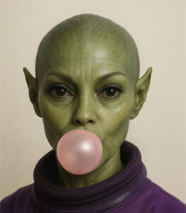 Izzy Patterson, Designer and Production Manager at Beautiful Large Format Print, wearing a purple retro-futuristic astronaut suit.