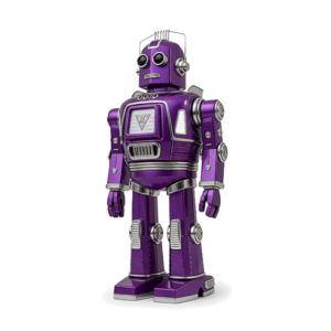 Purple retro-futuristic robot symbolising Beautiful Large Format Print’s vision for innovation and craftsmanship in creative print.