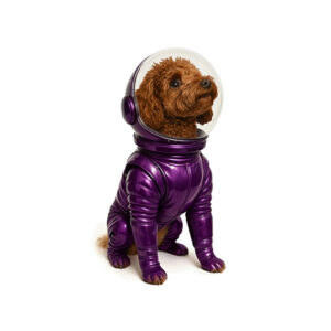 Rey, the company dog, wearing a glossy purple astronaut suit, is the team mascot for Beautiful Large Format Print.