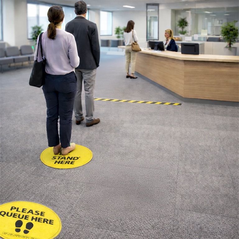 Carpet floor graphic printing with R10 slip rating for indoor safety signage and wayfinding on short pile carpets