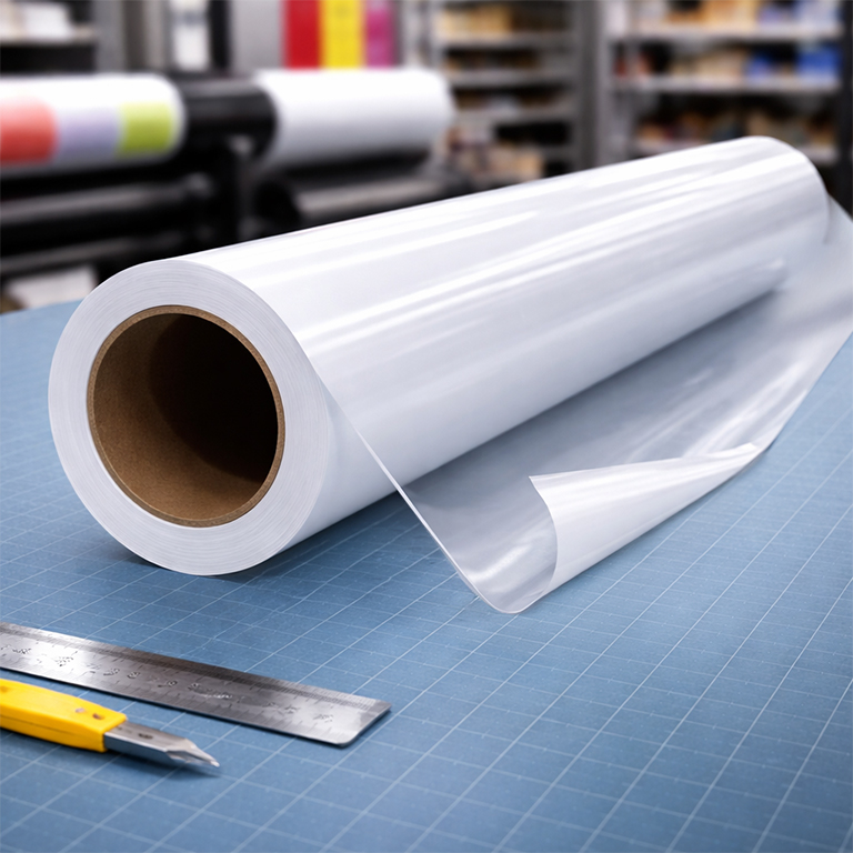 Clear self adhesive vinyl printing for window graphics, decals, and transparent display signage