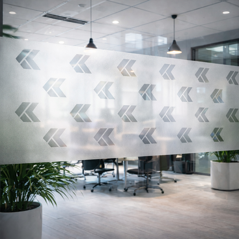 Etched frosted vinyl for glass windows and doors, providing privacy while allowing natural light