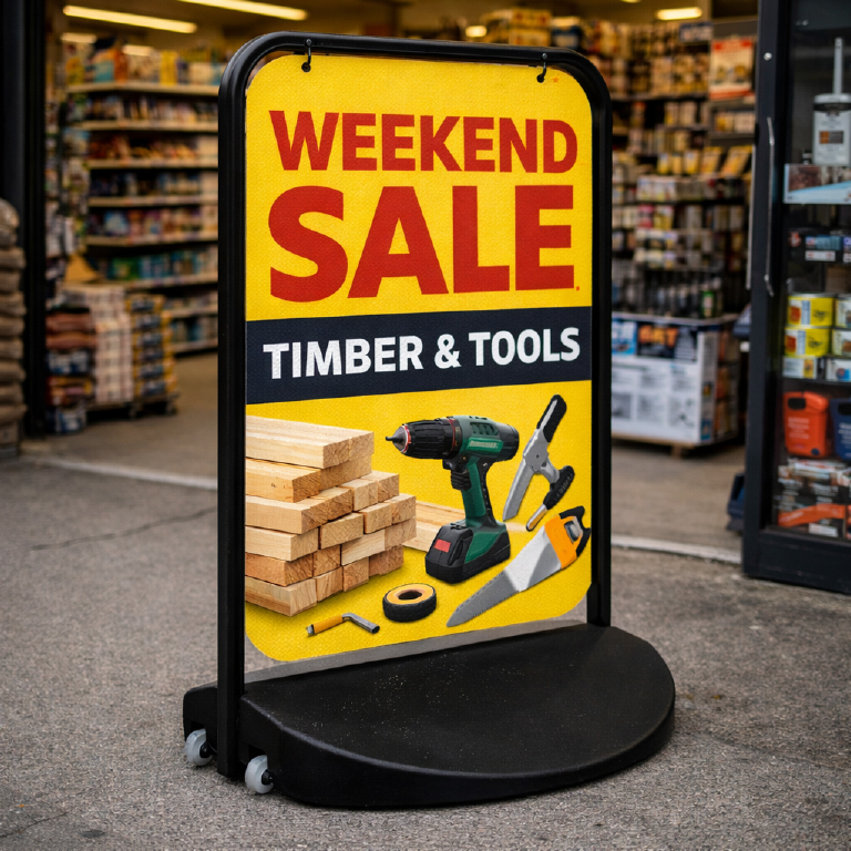 Large swinger pavement sign with weighted base for outdoor retail advertising and forecourt displays