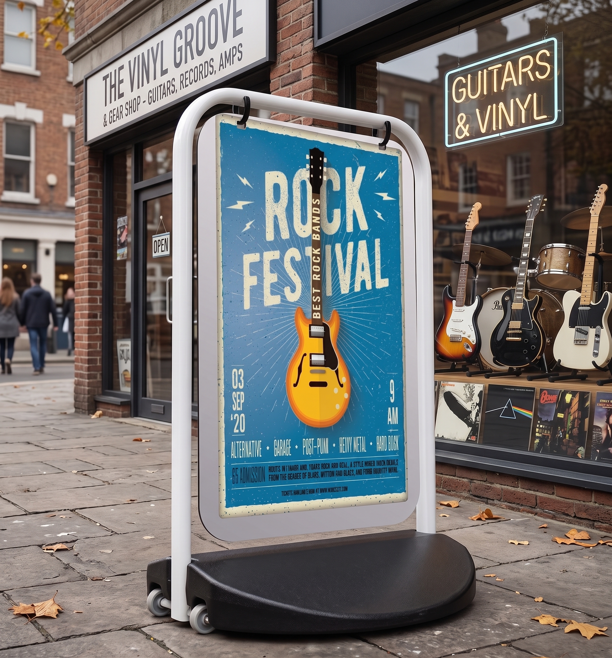 Large switchable poster pavement sign with swing panel for outdoor retail advertising and promotions