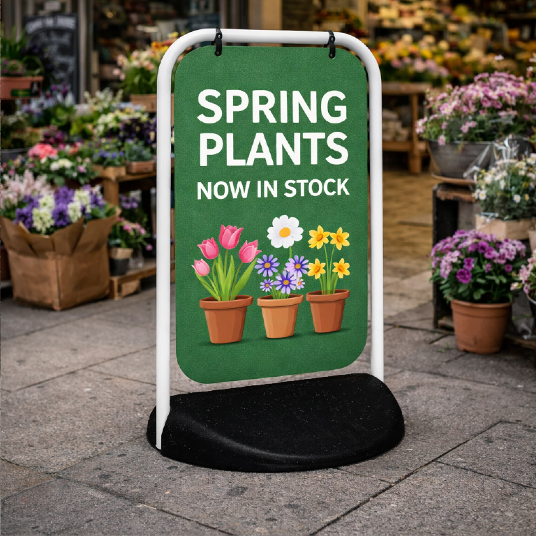 Classic swinger pavement sign with double-sided panel for outdoor retail advertising and forecourt displays