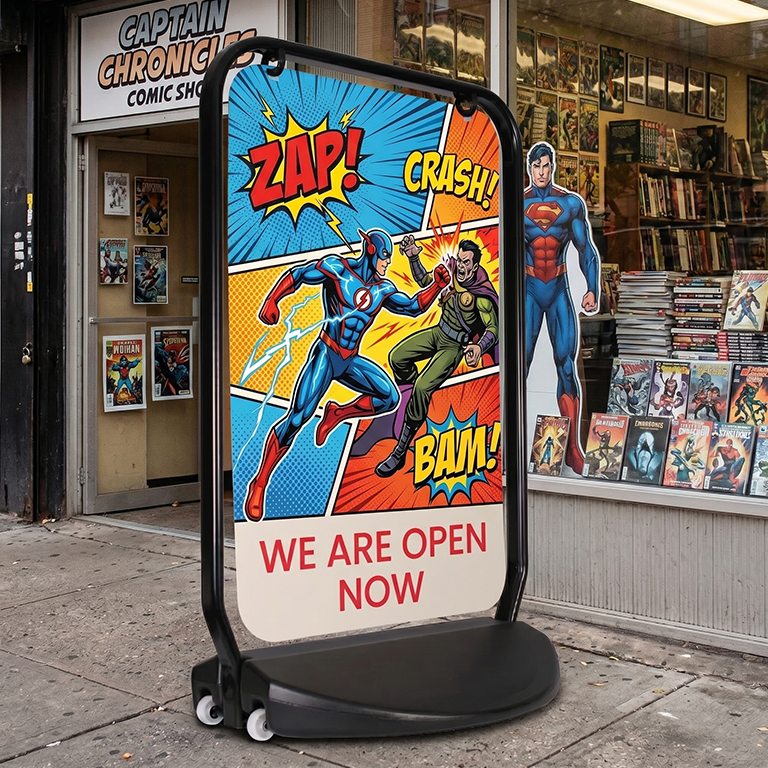 Massive swinger pavement sign with heavy-duty steel frame and weighted base for outdoor advertising
