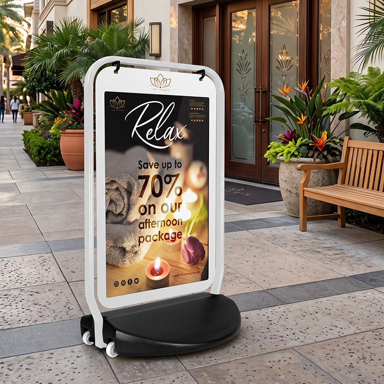 Massive switchable poster pavement sign with large display panel for outdoor retail advertising