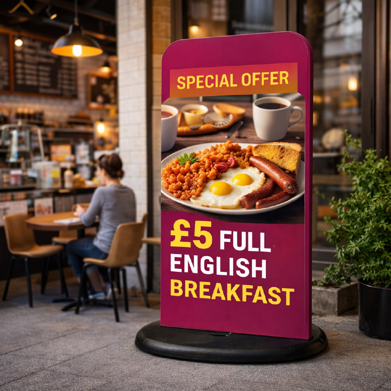 Sign wedge pavement sign with printed panel for outdoor forecourt signage and retail displays