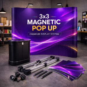 3x3 magnetic pop up display stand with printed panels, lighting, and portable transit case
