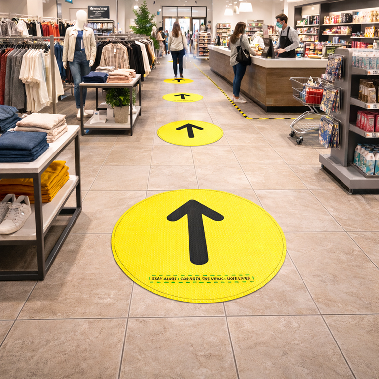 Indoor floor graphic printing on high-tack vinyl with R12 slip-rated laminate for wayfinding and signage