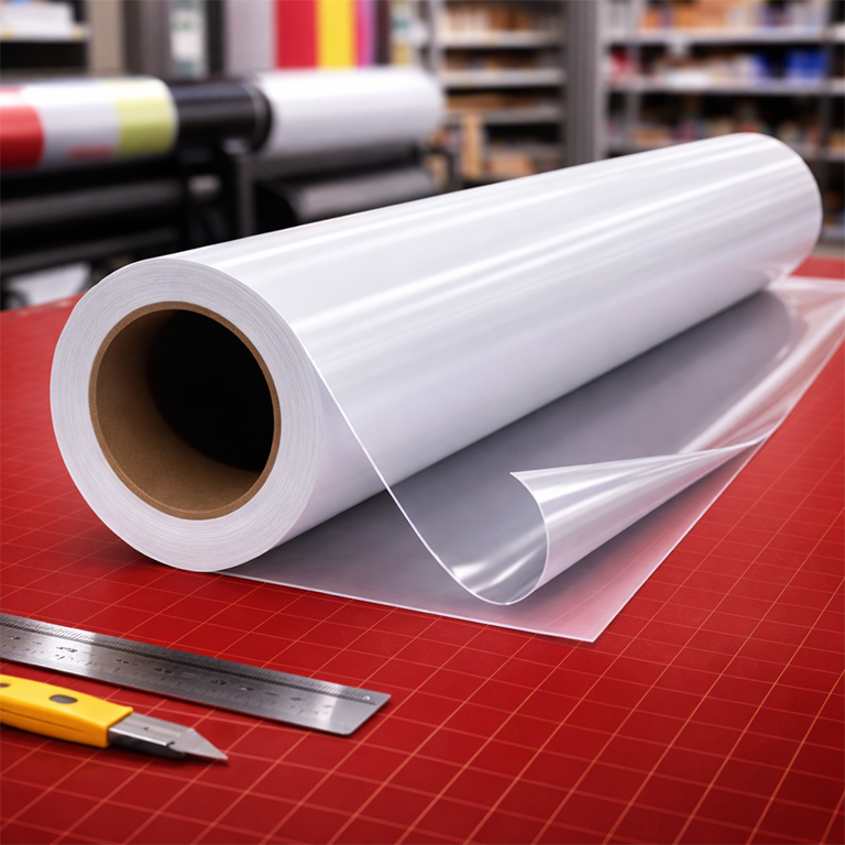 Optically clear self adhesive vinyl printing for glass effect window graphics and transparent displays