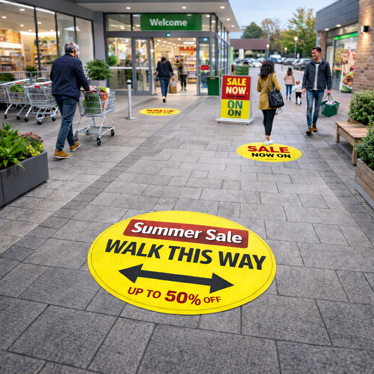 Outdoor floor graphic printing on R9 anti-slip vinyl for pavement, concrete, and directional signage