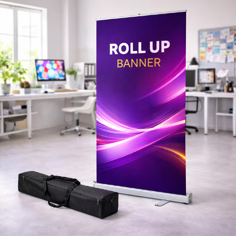 Budget roll up banner stand with printed graphic for exhibitions, events, and retail displays